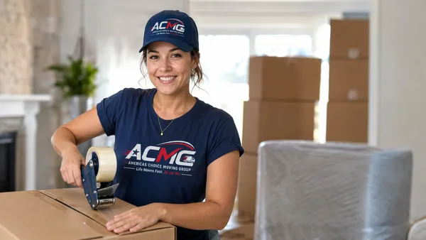 A smiling America’s Choice Moving Group team member taping up a moving box in a home full of packed boxes